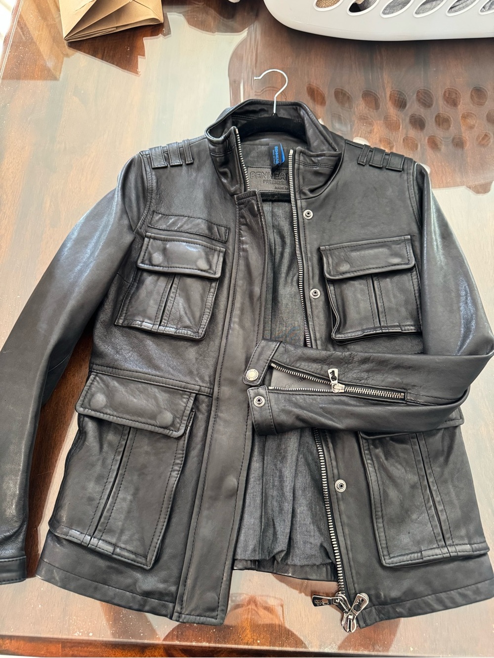 Men's Black Leather Military-Style Jacket